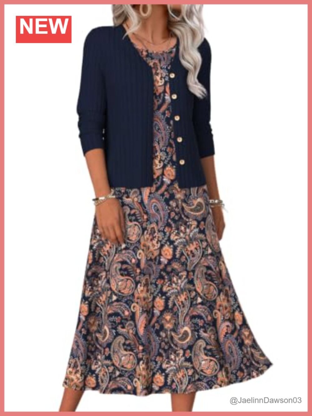 Women's 2 Piece Boho Midi Dress & Cardigan Set Long Sleeve Knit A-Line